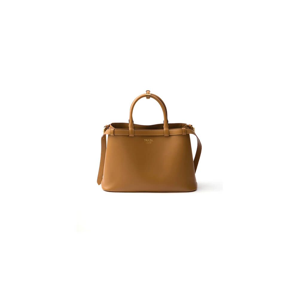 Pra*a buckle medium leather handbag with double belt(high-end grade)