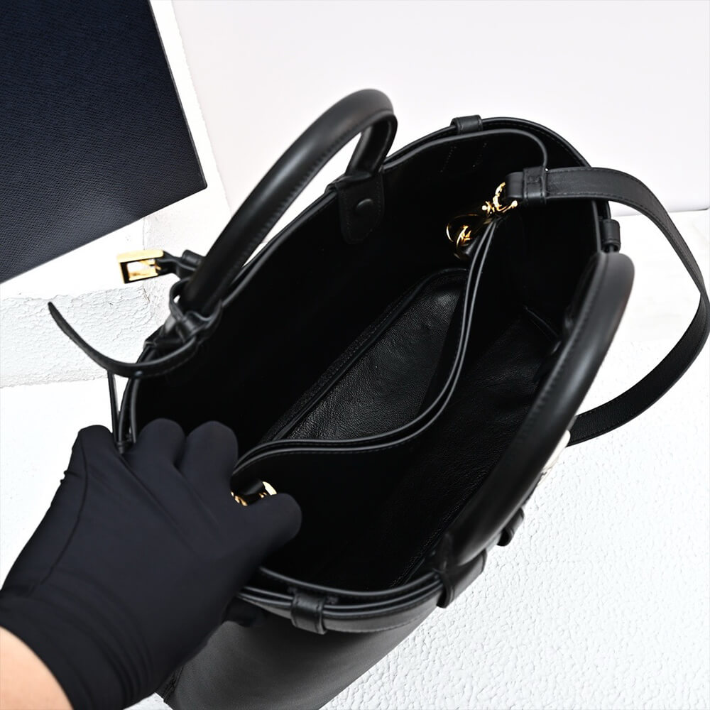 Pra*a buckle medium leather handbag with double belt(high-end grade)